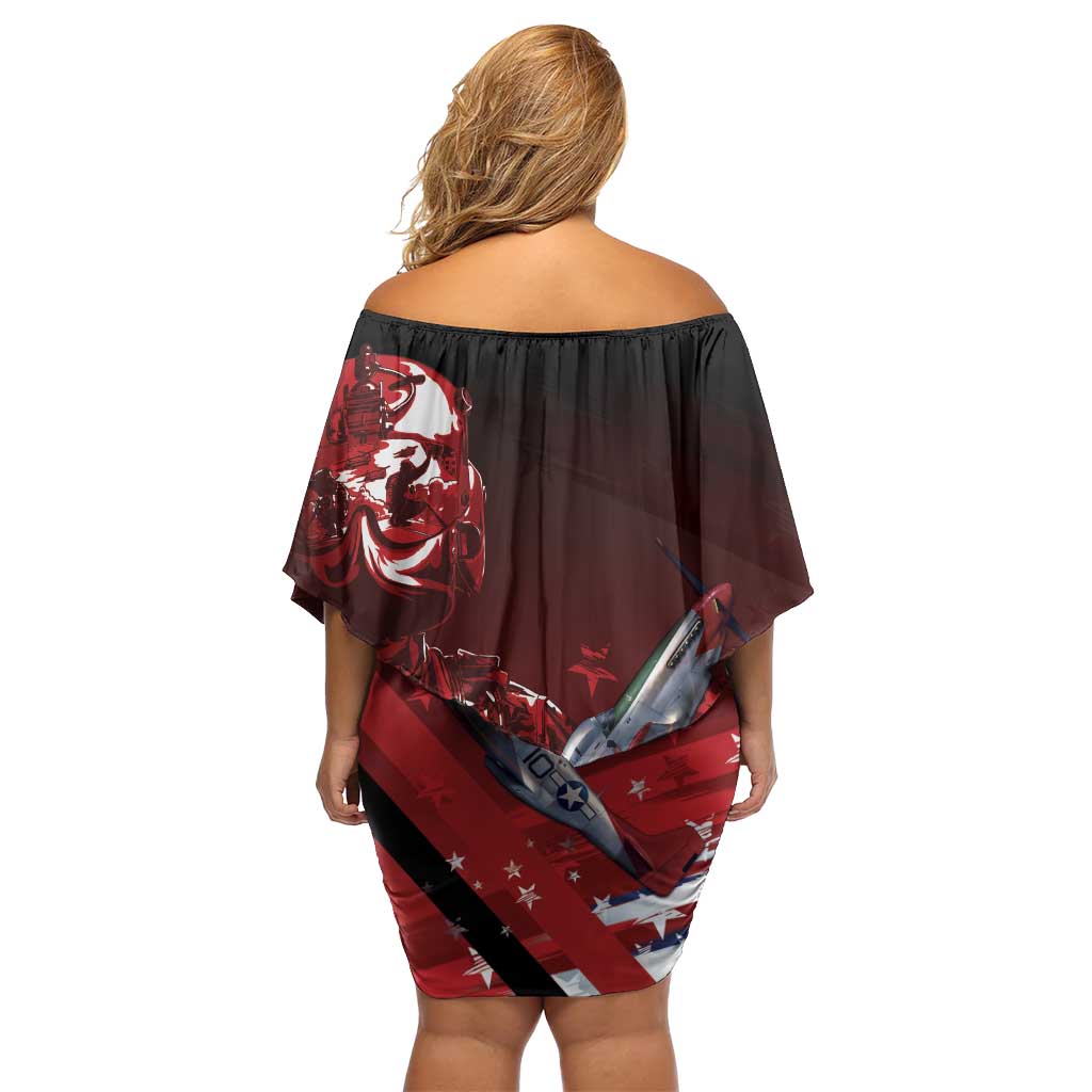 Tuskegee Airmen Red Tails Off Shoulder Short Dress Straighten Up and Fly Right - Black Red - Wonder Print Shop