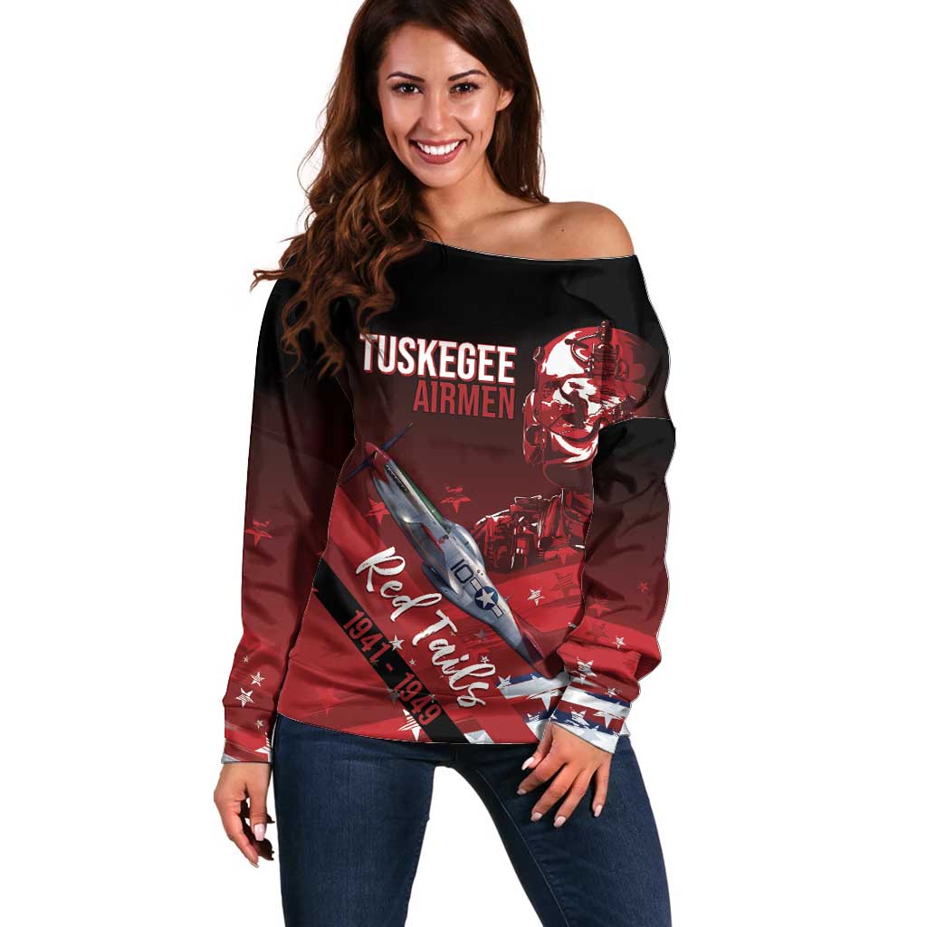 Tuskegee Airmen Red Tails Off Shoulder Sweater Straighten Up and Fly Right - Black Red - Wonder Print Shop