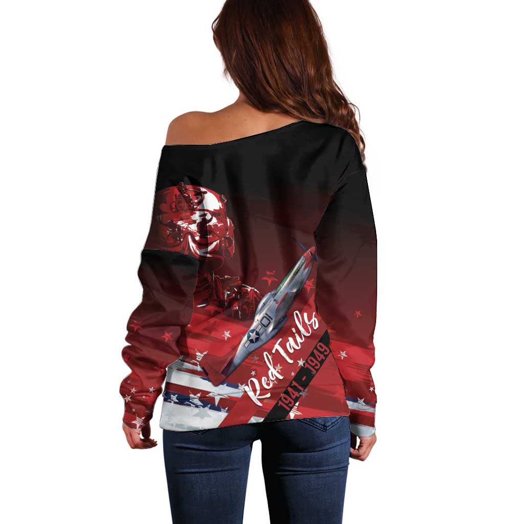 Tuskegee Airmen Red Tails Off Shoulder Sweater Straighten Up and Fly Right - Black Red - Wonder Print Shop