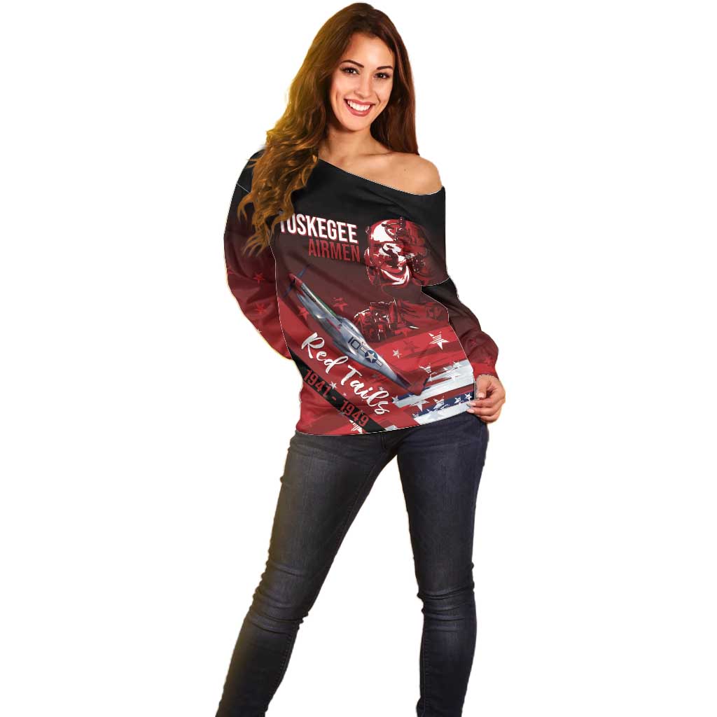 Tuskegee Airmen Red Tails Off Shoulder Sweater Straighten Up and Fly Right - Black Red - Wonder Print Shop