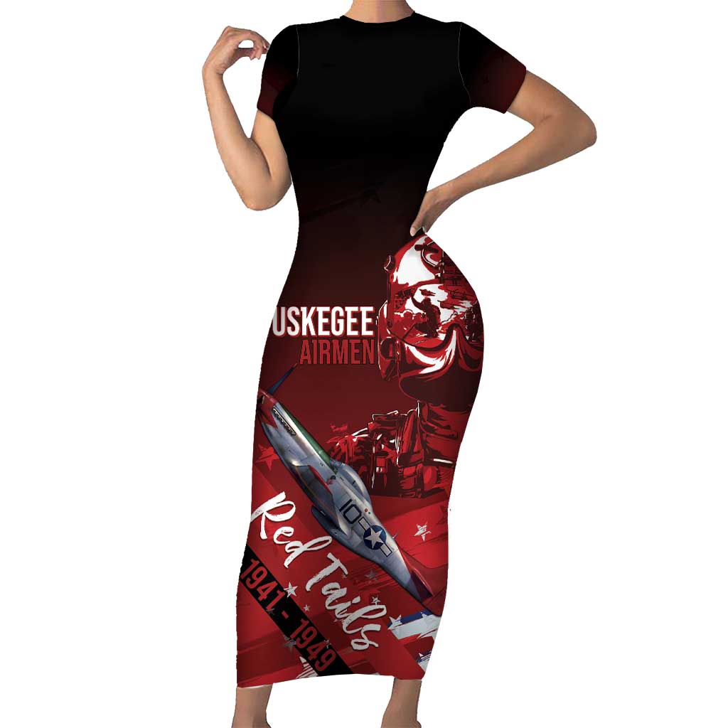 Tuskegee Airmen Red Tails Short Sleeve Bodycon Dress Straighten Up and Fly Right - Black Red - Wonder Print Shop