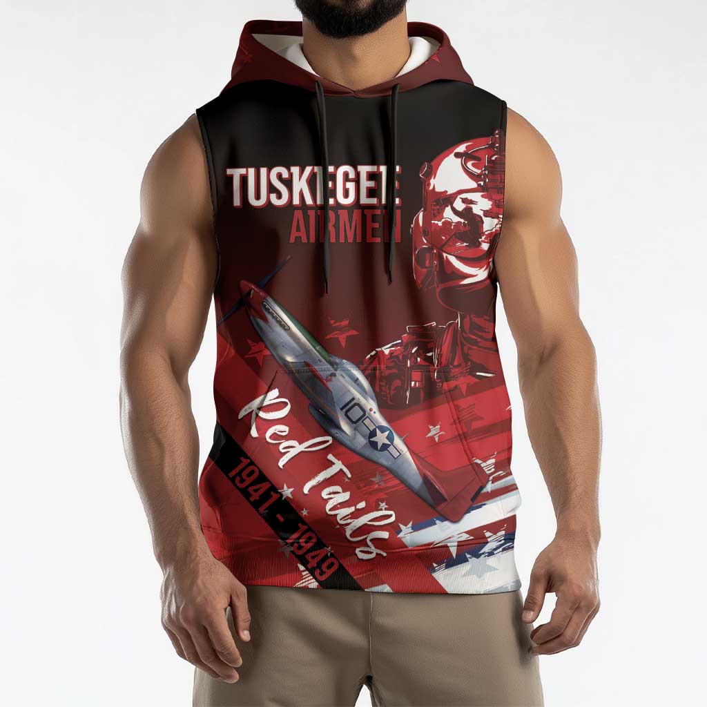 Tuskegee Airmen Red Tails Sleeveless Hoodie Straighten Up and Fly Right - Black Red - Wonder Print Shop