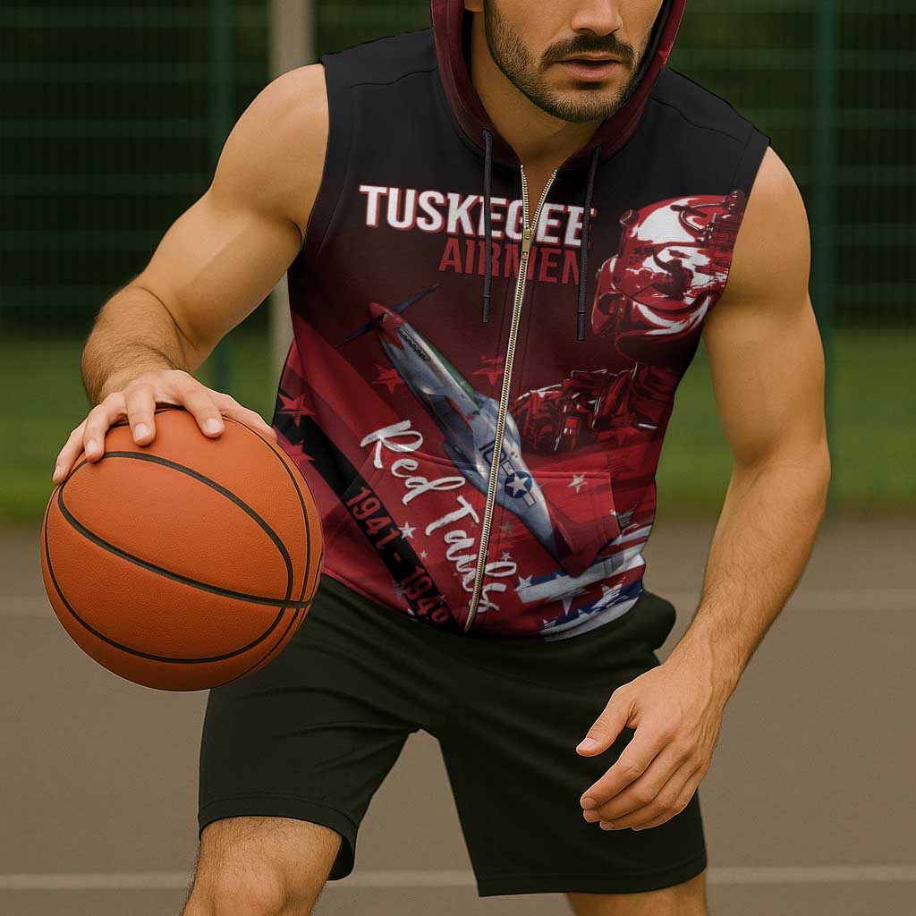 Tuskegee Airmen Red Tails Sleeveless Zip Hoodie Straighten Up and Fly Right - Black Red - Wonder Print Shop