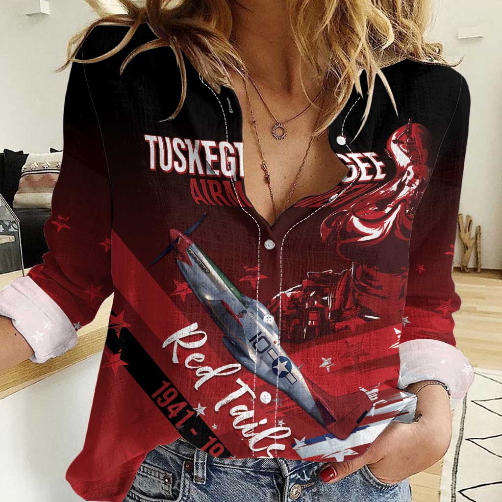 Tuskegee Airmen Red Tails Women Casual Shirt Straighten Up and Fly Right - Black Red - Wonder Print Shop