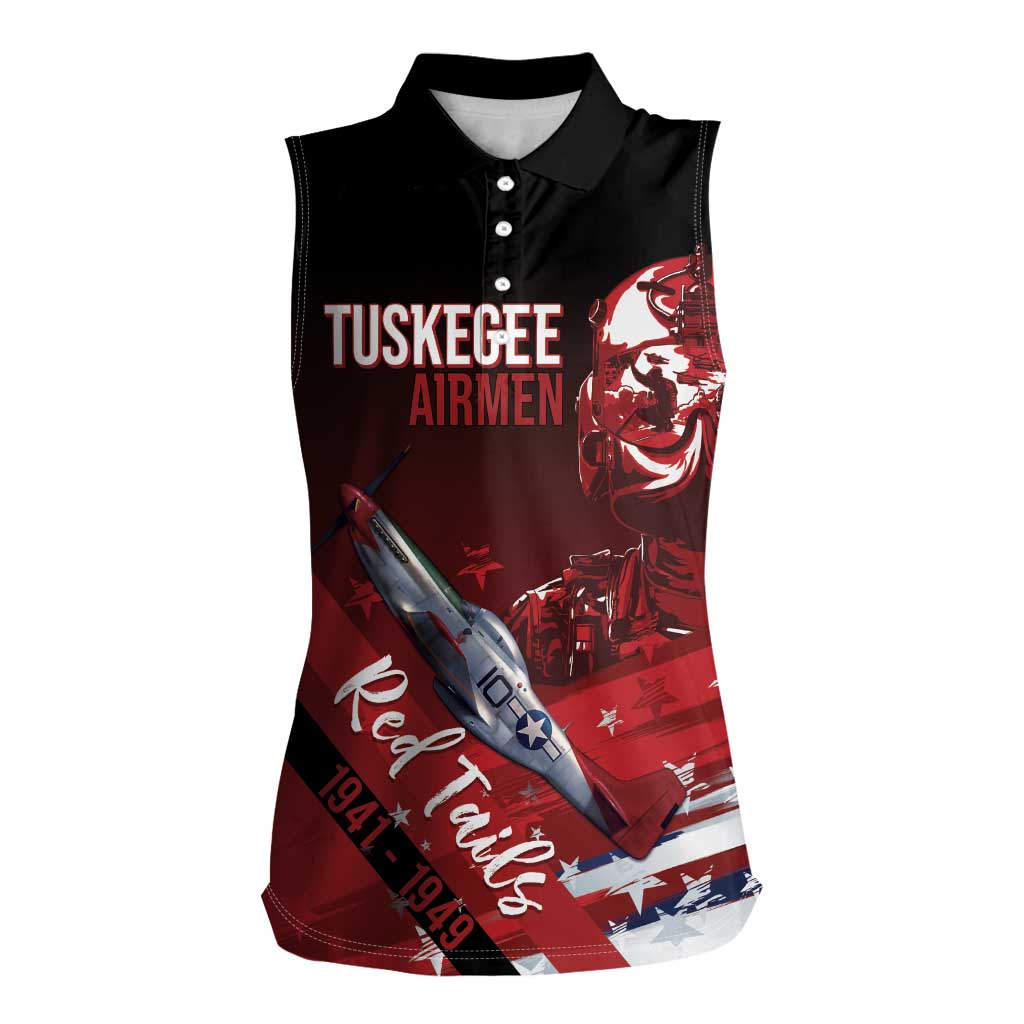 Tuskegee Airmen Red Tails Women Sleeveless Polo Shirt Straighten Up and Fly Right - Black Red - Wonder Print Shop