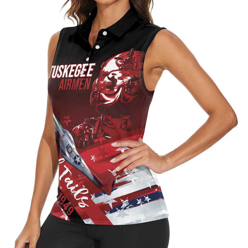 Tuskegee Airmen Red Tails Women Sleeveless Polo Shirt Straighten Up and Fly Right - Black Red - Wonder Print Shop