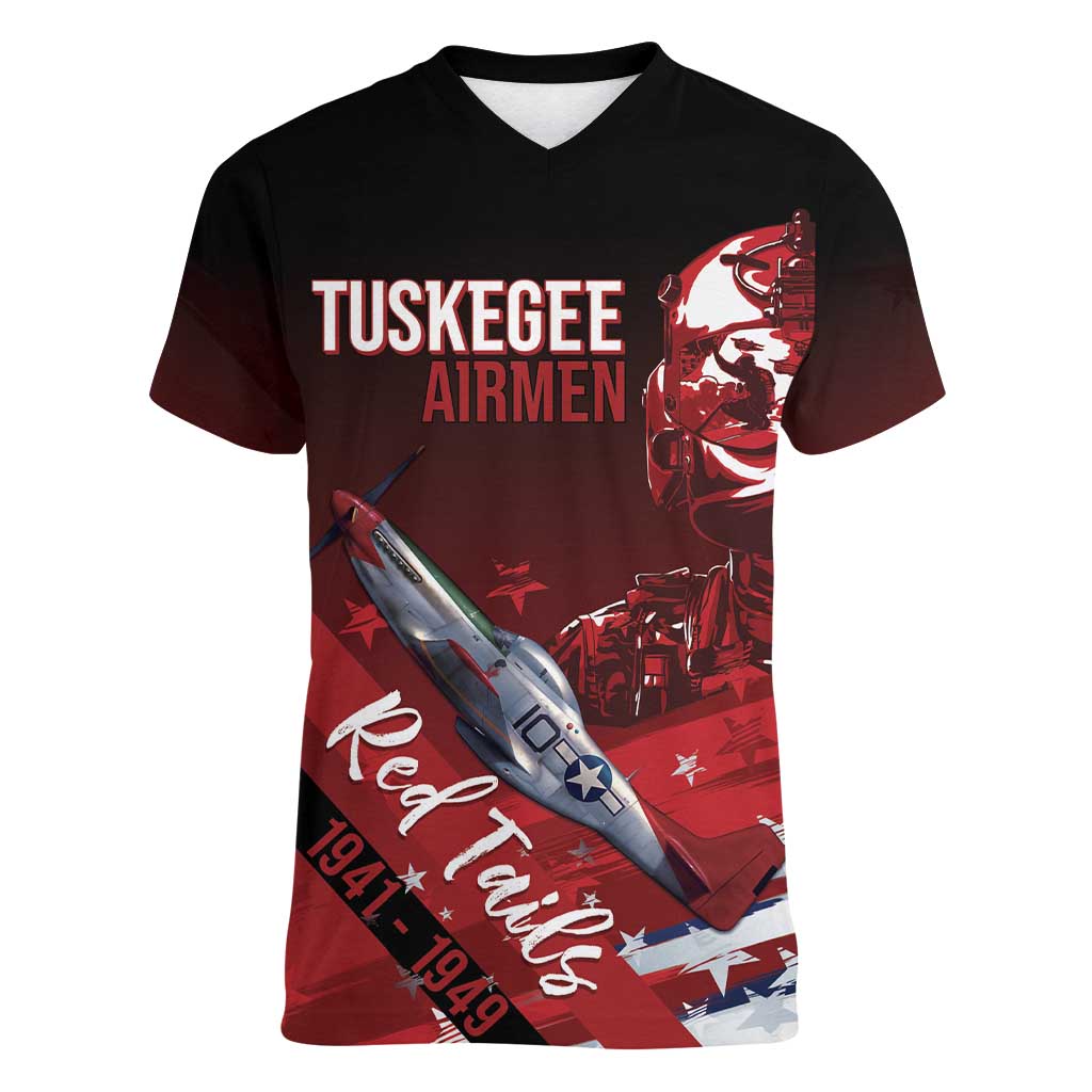 Tuskegee Airmen Red Tails Women V-Neck T-Shirt Straighten Up and Fly Right - Black Red - Wonder Print Shop