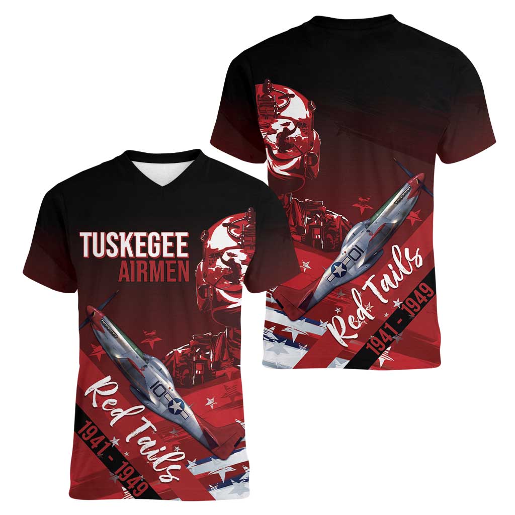 Tuskegee Airmen Red Tails Women V-Neck T-Shirt Straighten Up and Fly Right - Black Red - Wonder Print Shop