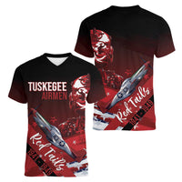Tuskegee Airmen Red Tails Women V-Neck T-Shirt Straighten Up and Fly Right - Black Red - Wonder Print Shop