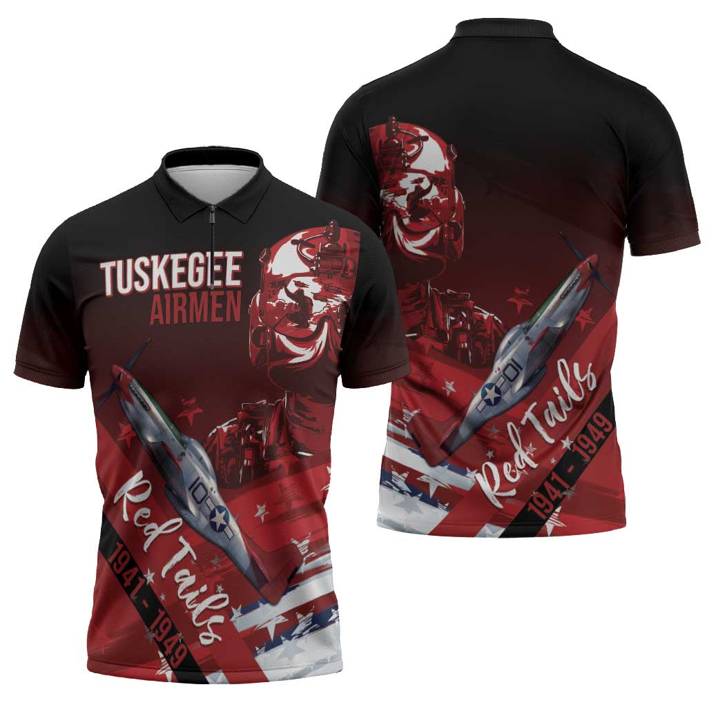 Tuskegee Airmen Red Tails Zipper Polo Shirt Straighten Up and Fly Right - Black Red - Wonder Print Shop