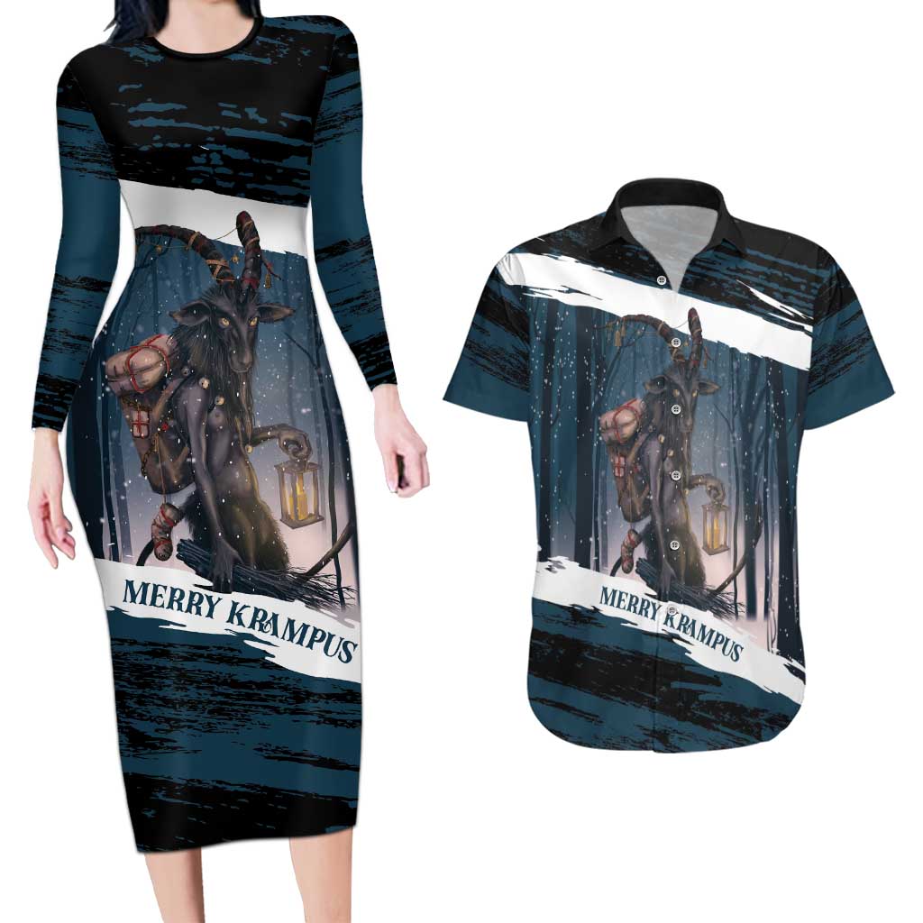 Merry Christmas Couples Matching Long Sleeve Bodycon Dress and Hawaiian Shirt Krampus in The Woods - Dark Teal LT7 - Wonder Print Shop