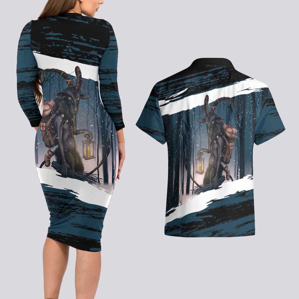 Merry Christmas Couples Matching Long Sleeve Bodycon Dress and Hawaiian Shirt Krampus in The Woods - Dark Teal LT7 - Wonder Print Shop