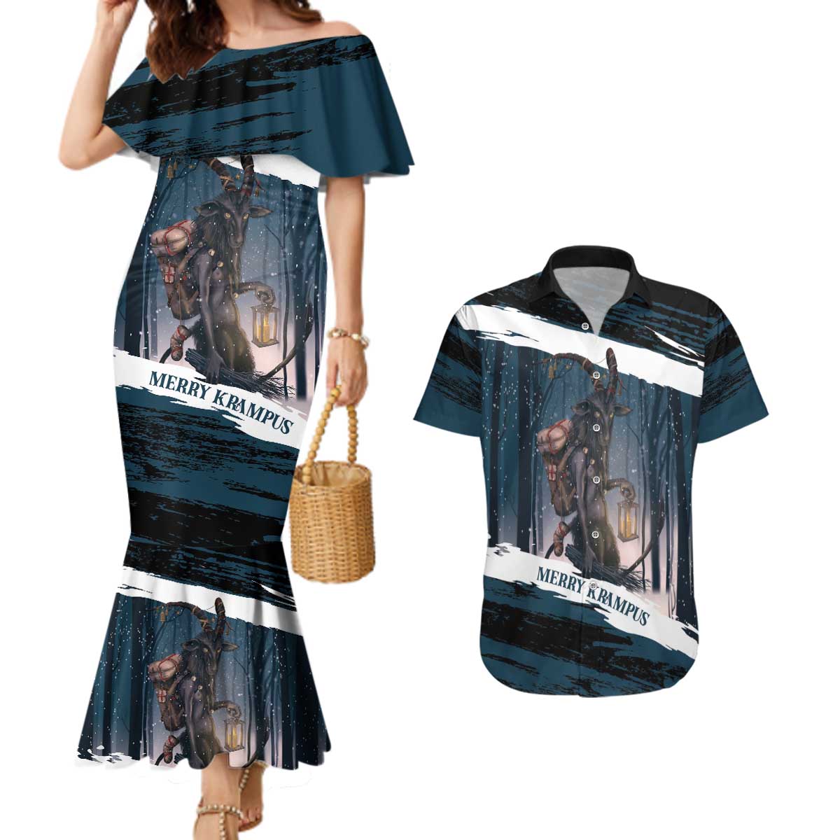 Merry Christmas Couples Matching Mermaid Dress and Hawaiian Shirt Krampus in The Woods - Dark Teal LT7 - Wonder Print Shop
