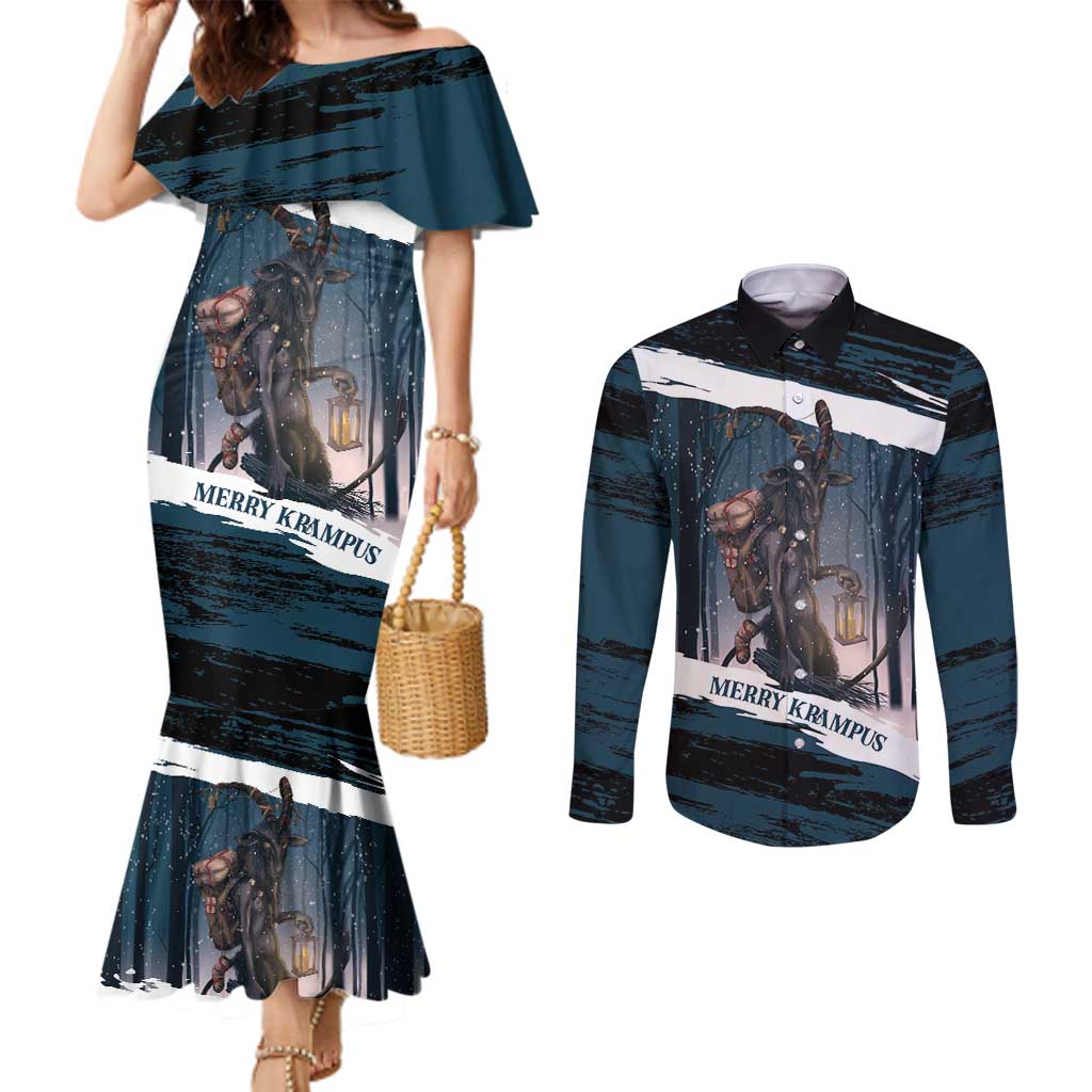 Merry Christmas Couples Matching Mermaid Dress and Long Sleeve Button Shirt Krampus in The Woods - Dark Teal