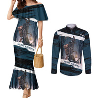 Merry Christmas Couples Matching Mermaid Dress and Long Sleeve Button Shirt Krampus in The Woods - Dark Teal
