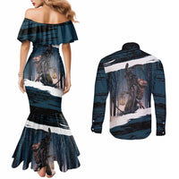 Merry Christmas Couples Matching Mermaid Dress and Long Sleeve Button Shirt Krampus in The Woods - Dark Teal