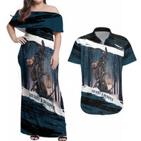 Merry Christmas Couples Matching Off Shoulder Maxi Dress and Hawaiian Shirt Krampus in The Woods - Dark Teal LT7 - Wonder Print Shop