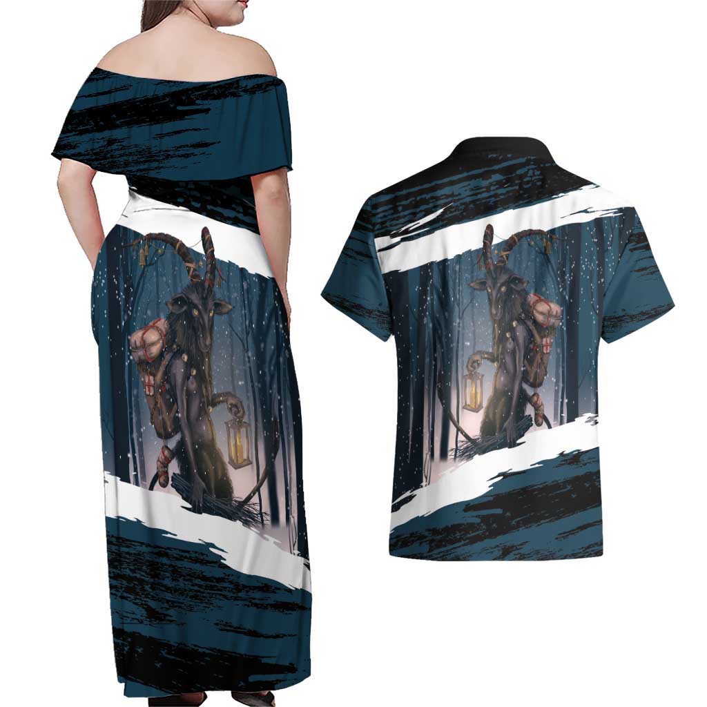 Merry Christmas Couples Matching Off Shoulder Maxi Dress and Hawaiian Shirt Krampus in The Woods - Dark Teal LT7 - Wonder Print Shop