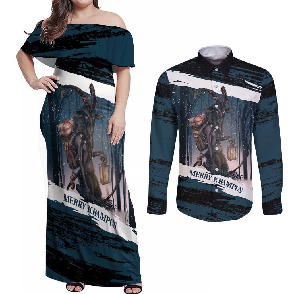 Merry Christmas Couples Matching Off Shoulder Maxi Dress and Long Sleeve Button Shirt Krampus in The Woods - Dark Teal LT7 - Wonder Print Shop