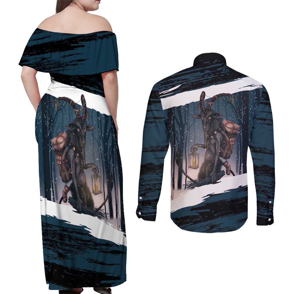 Merry Christmas Couples Matching Off Shoulder Maxi Dress and Long Sleeve Button Shirt Krampus in The Woods - Dark Teal LT7 - Wonder Print Shop
