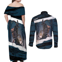 Merry Christmas Couples Matching Off Shoulder Maxi Dress and Long Sleeve Button Shirt Krampus in The Woods - Dark Teal LT7 - Wonder Print Shop