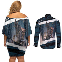 Merry Christmas Couples Matching Off Shoulder Short Dress and Long Sleeve Button Shirt Krampus in The Woods - Dark Teal LT7 - Wonder Print Shop