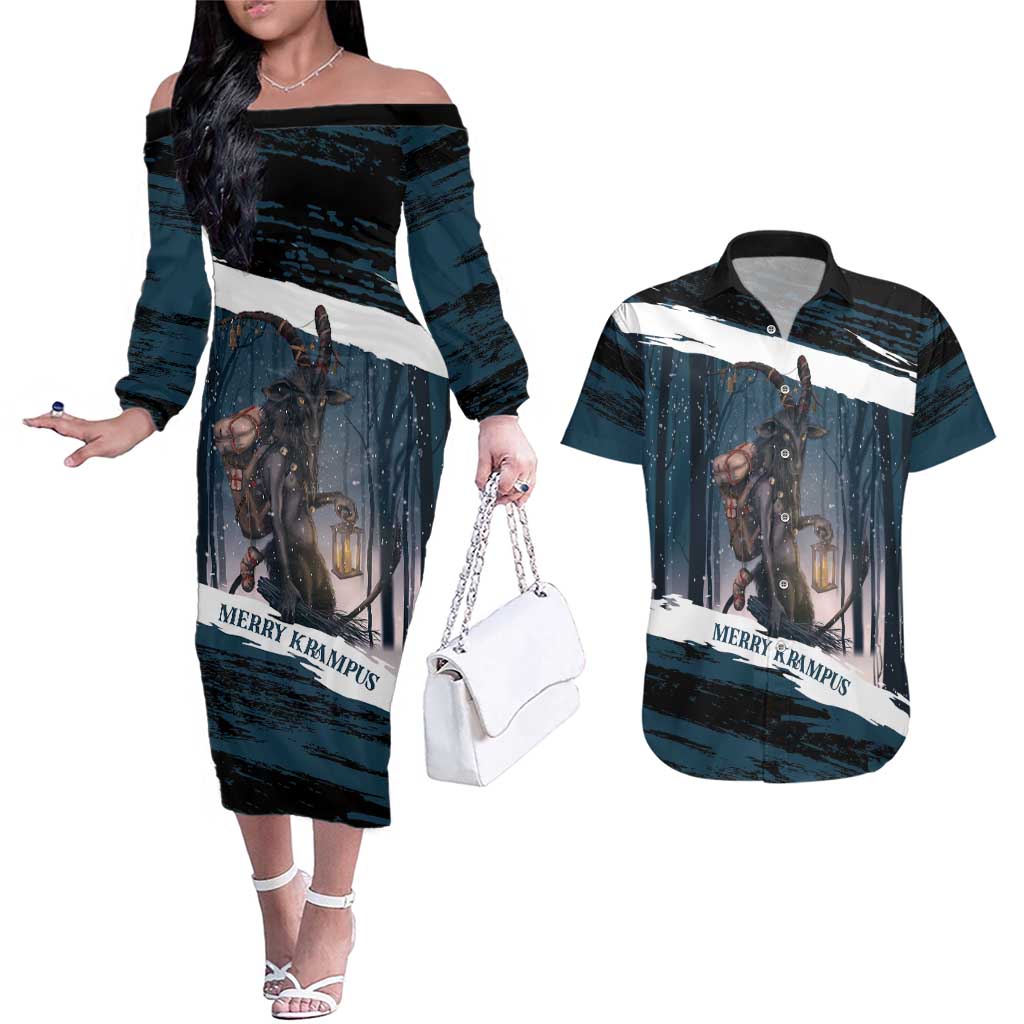 Merry Christmas Couples Matching Off The Shoulder Long Sleeve Dress and Hawaiian Shirt Krampus in The Woods - Dark Teal LT7 - Wonder Print Shop