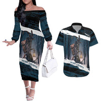 Merry Christmas Couples Matching Off The Shoulder Long Sleeve Dress and Hawaiian Shirt Krampus in The Woods - Dark Teal LT7 - Wonder Print Shop