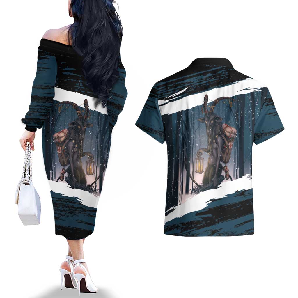 Merry Christmas Couples Matching Off The Shoulder Long Sleeve Dress and Hawaiian Shirt Krampus in The Woods - Dark Teal LT7 - Wonder Print Shop