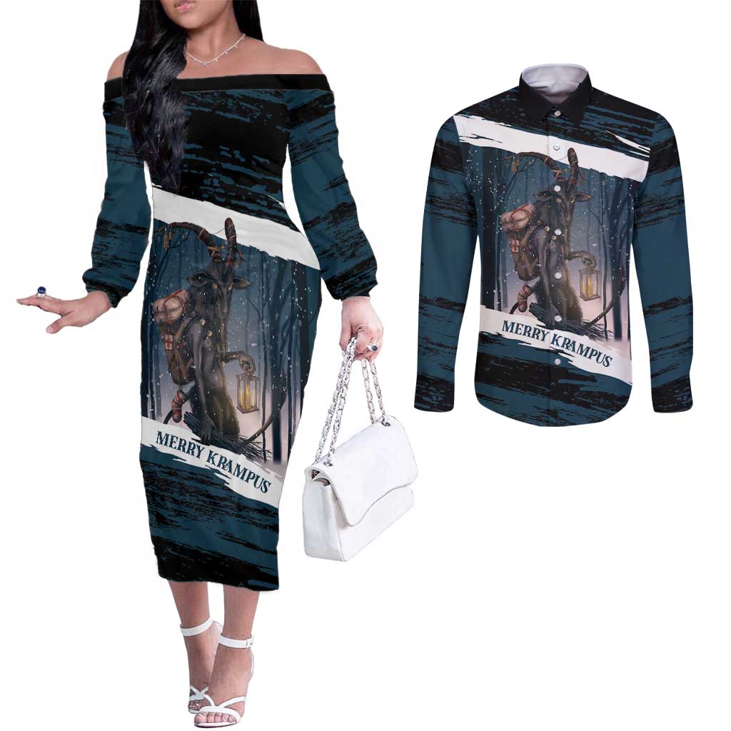 Merry Christmas Couples Matching Off The Shoulder Long Sleeve Dress and Long Sleeve Button Shirt Krampus in The Woods - Dark Teal