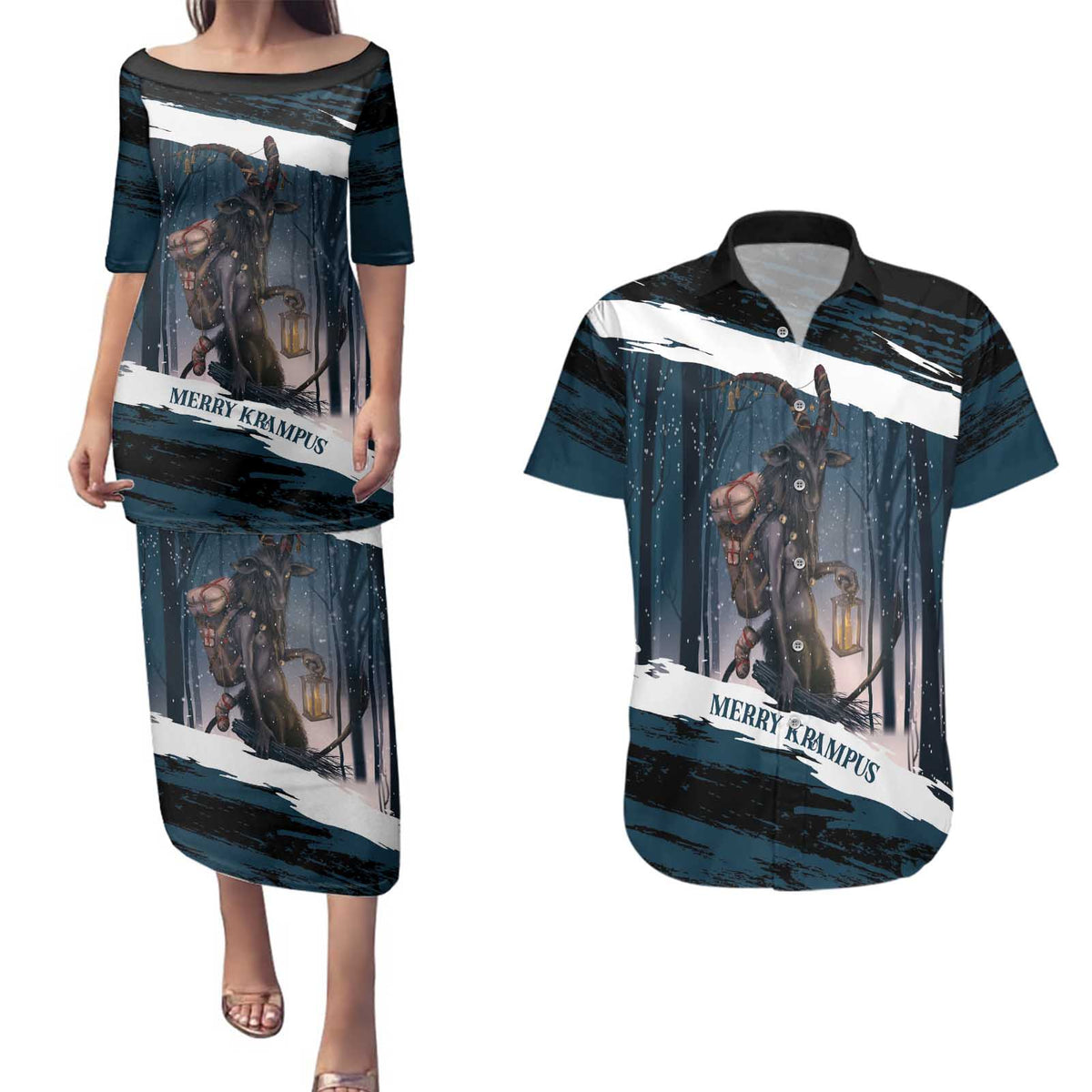 Merry Christmas Couples Matching Puletasi and Hawaiian Shirt Krampus in The Woods - Dark Teal LT7 - Wonder Print Shop