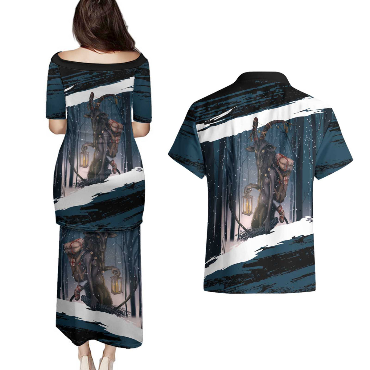 Merry Christmas Couples Matching Puletasi and Hawaiian Shirt Krampus in The Woods - Dark Teal LT7 - Wonder Print Shop