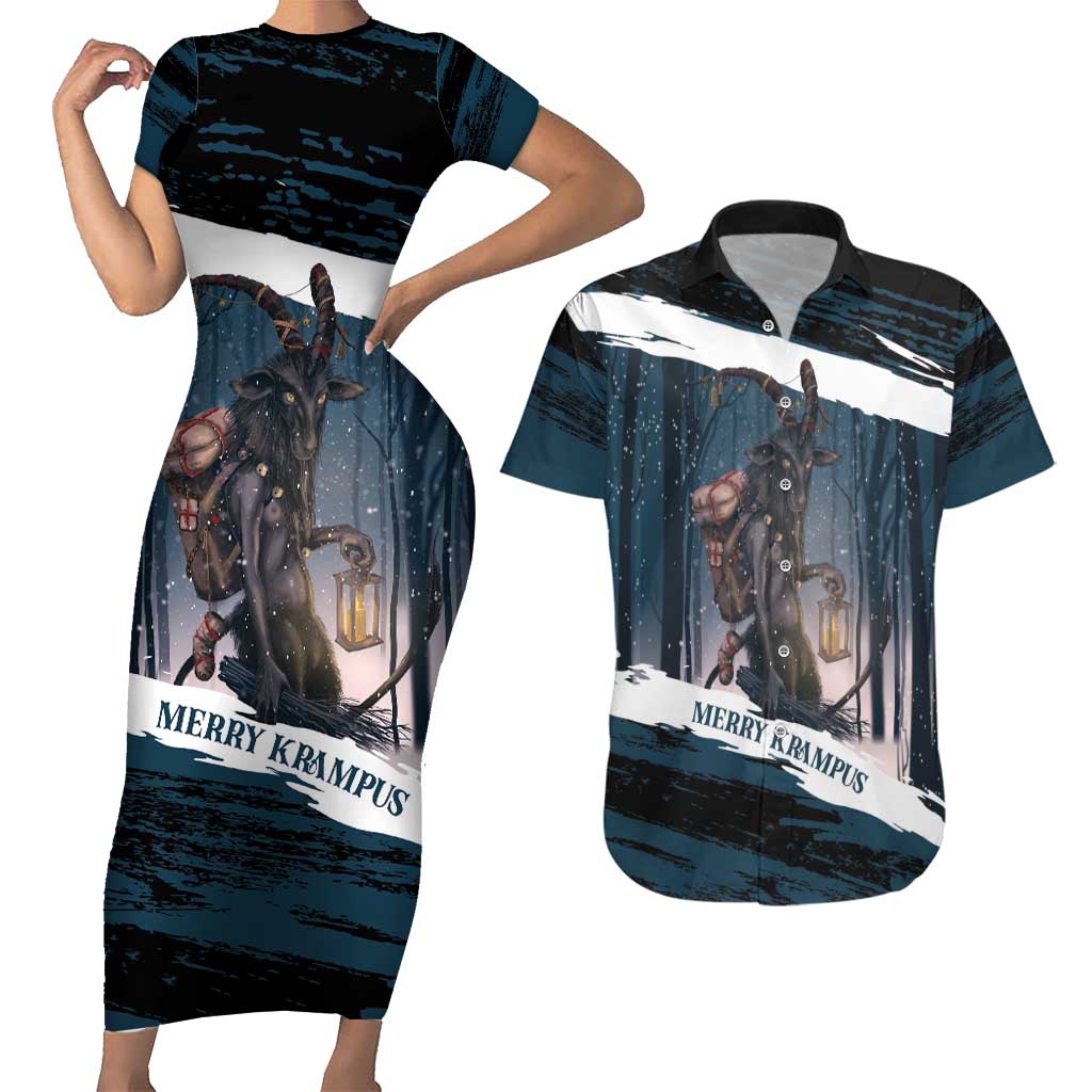 Merry Christmas Couples Matching Short Sleeve Bodycon Dress and Hawaiian Shirt Krampus in The Woods - Dark Teal LT7 - Wonder Print Shop