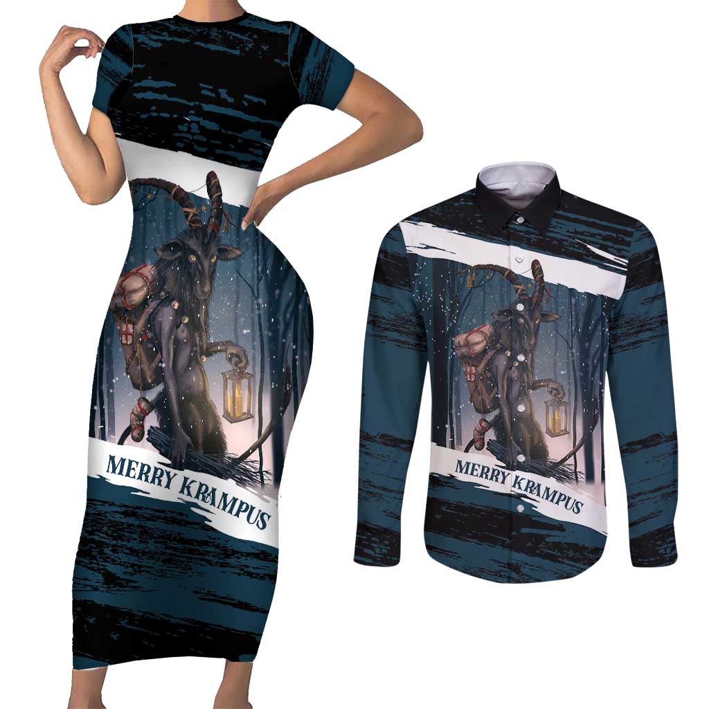 Merry Christmas Couples Matching Short Sleeve Bodycon Dress and Long Sleeve Button Shirt Krampus in The Woods - Dark Teal LT7 - Wonder Print Shop