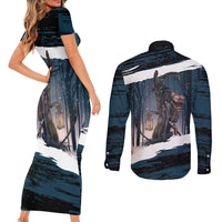 Merry Christmas Couples Matching Short Sleeve Bodycon Dress and Long Sleeve Button Shirt Krampus in The Woods - Dark Teal LT7 - Wonder Print Shop