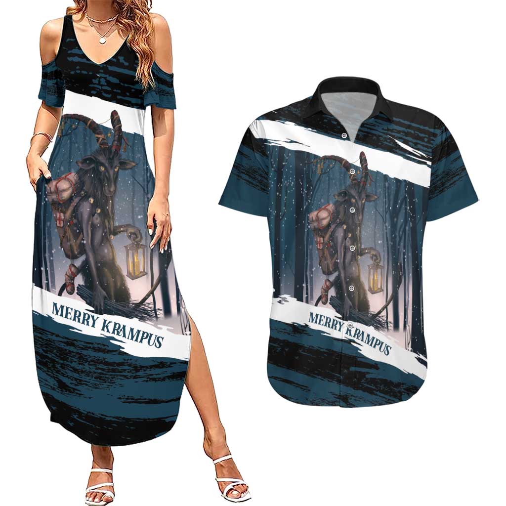 Merry Christmas Couples Matching Summer Maxi Dress and Hawaiian Shirt Krampus in The Woods - Dark Teal LT7 - Wonder Print Shop