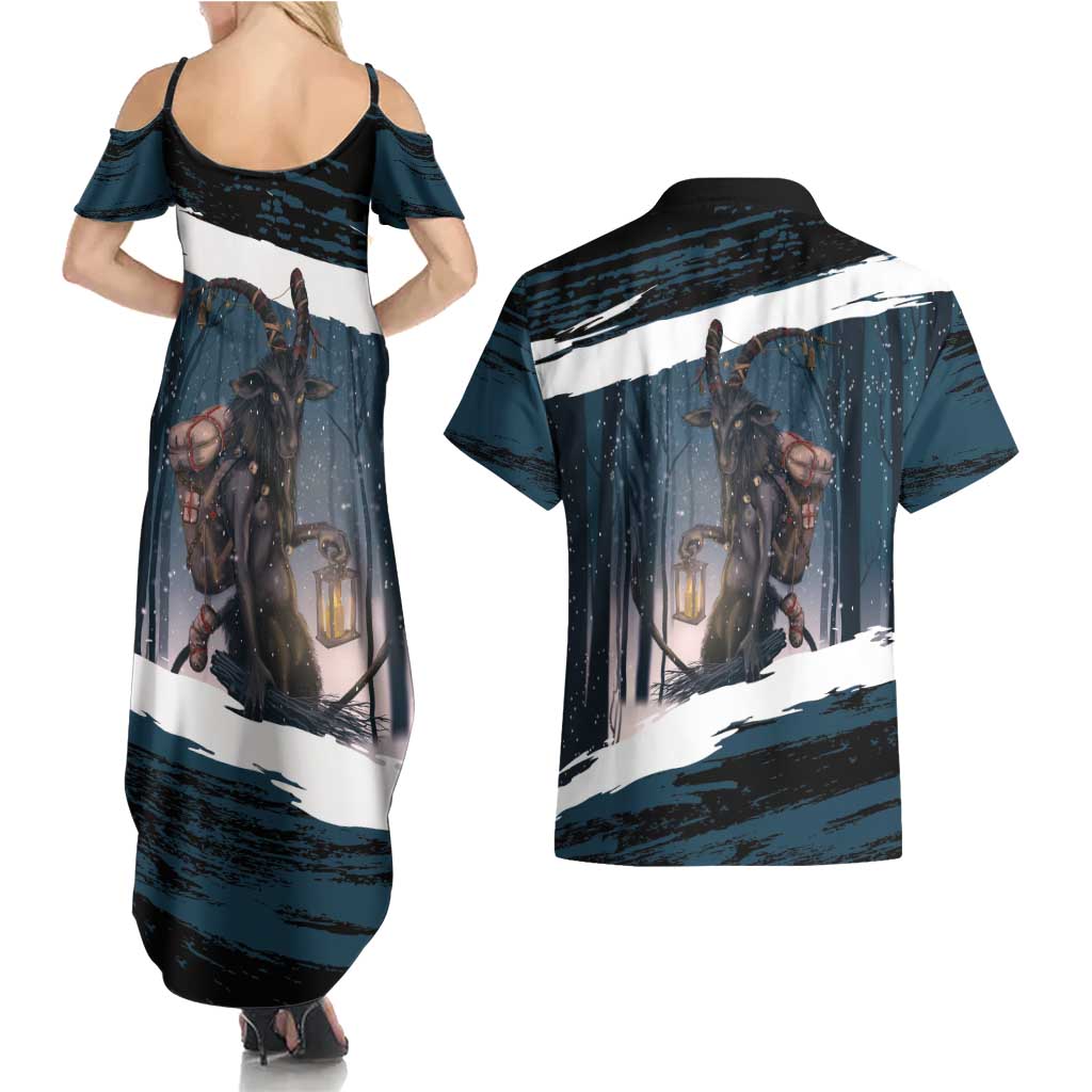 Merry Christmas Couples Matching Summer Maxi Dress and Hawaiian Shirt Krampus in The Woods - Dark Teal LT7 - Wonder Print Shop