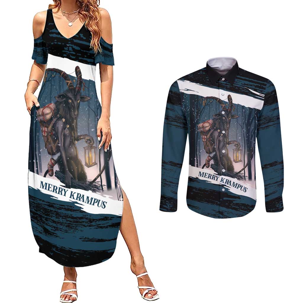 Merry Christmas Couples Matching Summer Maxi Dress and Long Sleeve Button Shirt Krampus in The Woods - Dark Teal LT7 - Wonder Print Shop