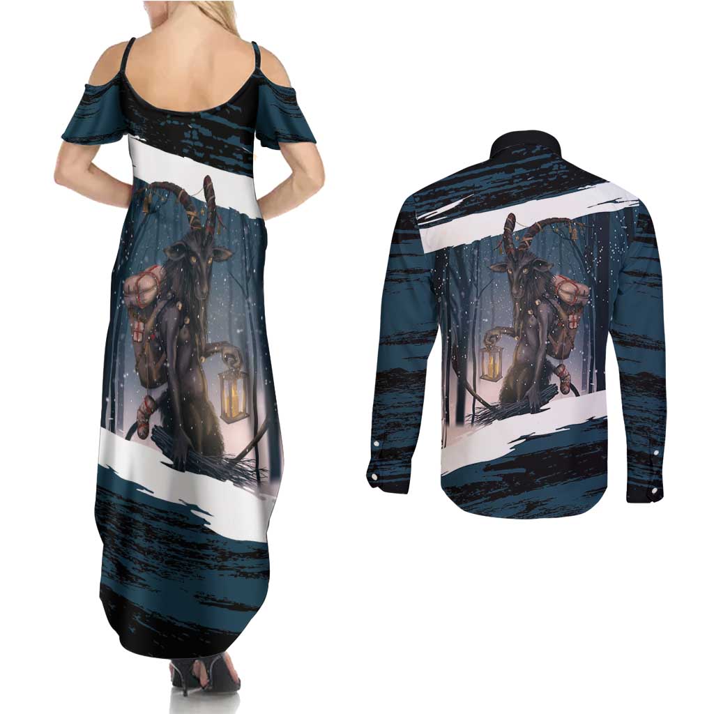Merry Christmas Couples Matching Summer Maxi Dress and Long Sleeve Button Shirt Krampus in The Woods - Dark Teal LT7 - Wonder Print Shop