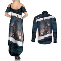 Merry Christmas Couples Matching Summer Maxi Dress and Long Sleeve Button Shirt Krampus in The Woods - Dark Teal LT7 - Wonder Print Shop