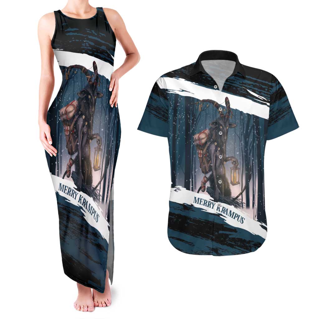 Merry Christmas Couples Matching Tank Maxi Dress and Hawaiian Shirt Krampus in The Woods - Dark Teal LT7 - Wonder Print Shop
