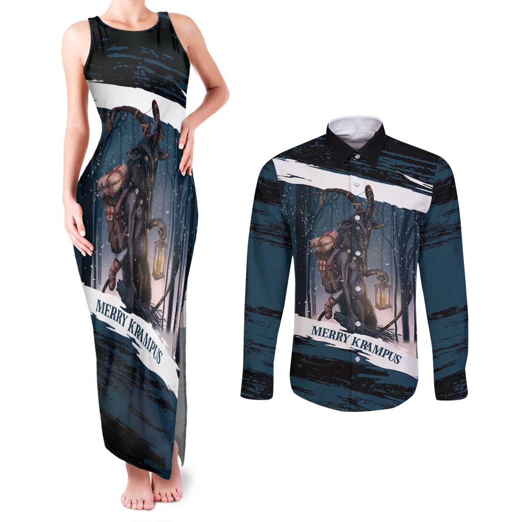 Merry Christmas Couples Matching Tank Maxi Dress and Long Sleeve Button Shirt Krampus in The Woods - Dark Teal LT7 - Wonder Print Shop