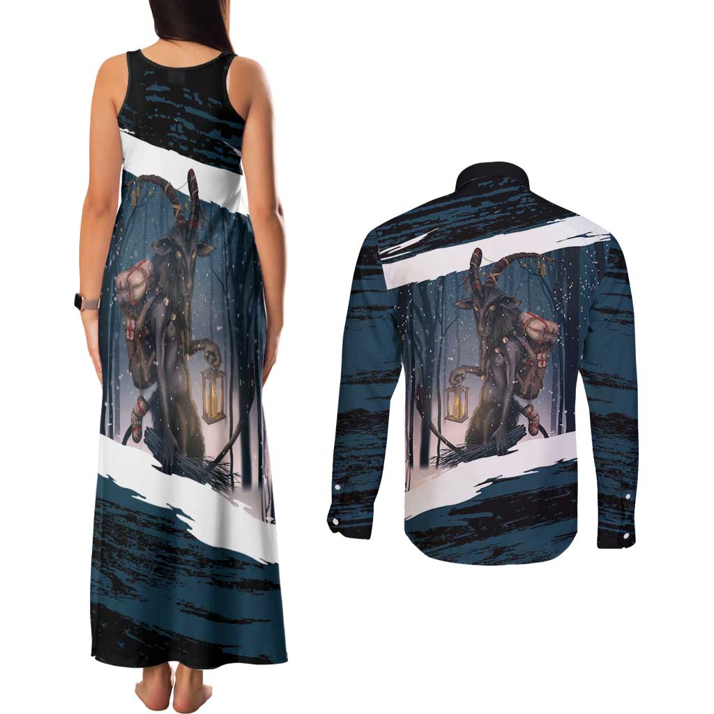 Merry Christmas Couples Matching Tank Maxi Dress and Long Sleeve Button Shirt Krampus in The Woods - Dark Teal LT7 - Wonder Print Shop