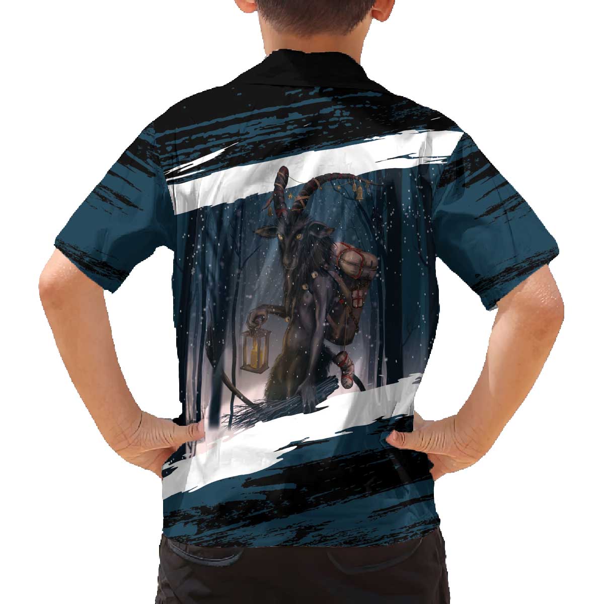 Merry Christmas Family Matching Off The Shoulder Long Sleeve Dress and Hawaiian Shirt Krampus in The Woods - Dark Teal - Wonder Print Shop