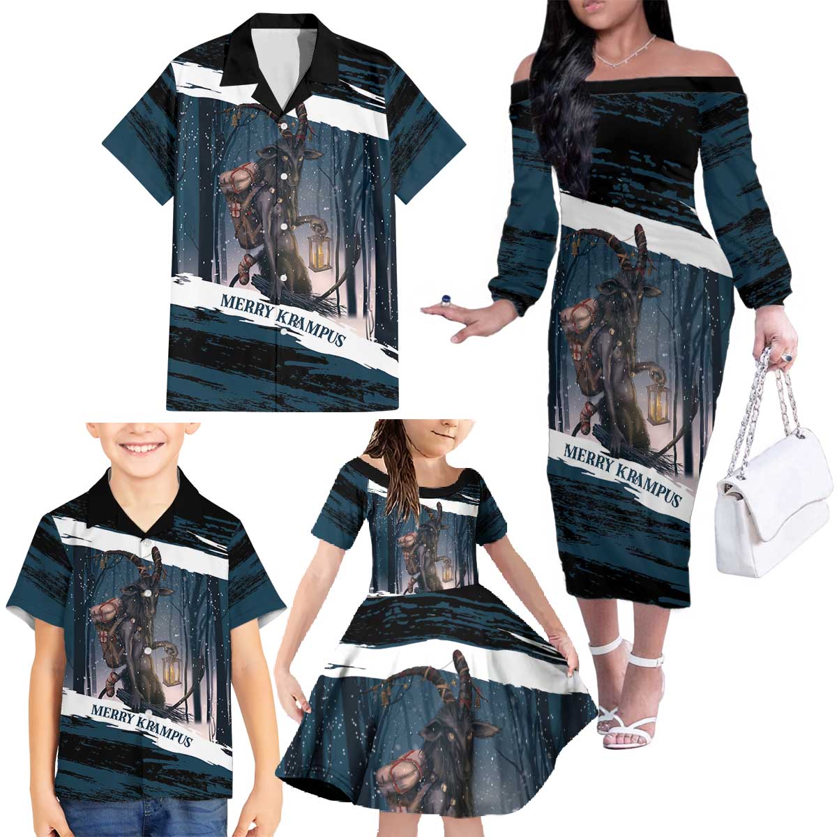 Merry Christmas Family Matching Off The Shoulder Long Sleeve Dress and Hawaiian Shirt Krampus in The Woods - Dark Teal - Wonder Print Shop