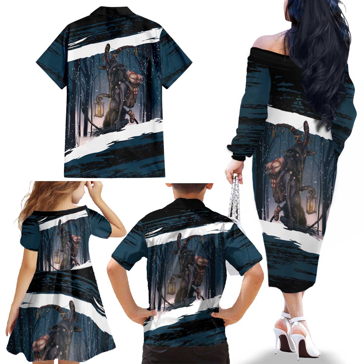 Merry Christmas Family Matching Off The Shoulder Long Sleeve Dress and Hawaiian Shirt Krampus in The Woods - Dark Teal - Wonder Print Shop