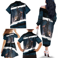 Merry Christmas Family Matching Off The Shoulder Long Sleeve Dress and Hawaiian Shirt Krampus in The Woods - Dark Teal - Wonder Print Shop