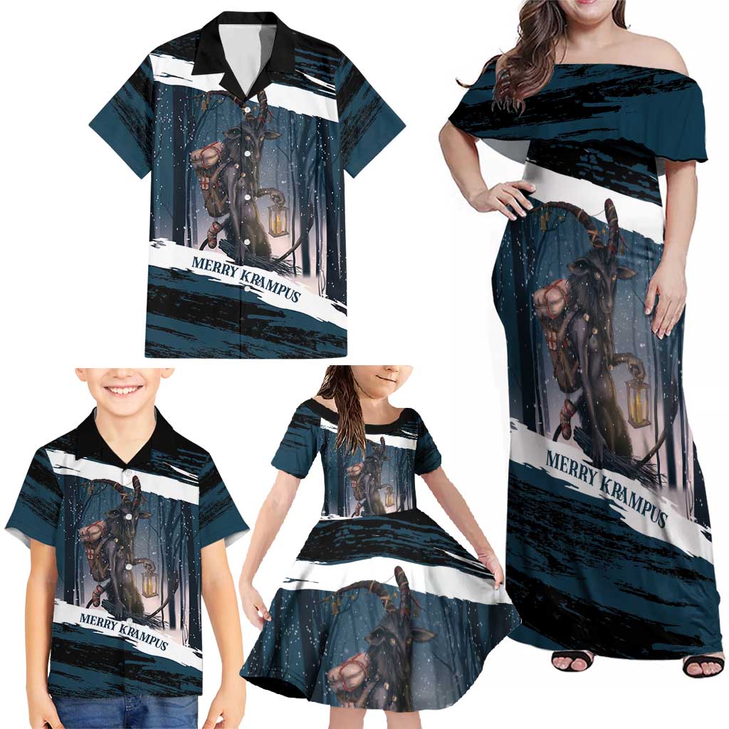 Merry Christmas Family Matching Off Shoulder Maxi Dress and Hawaiian Shirt Krampus in The Woods - Dark Teal LT7 - Wonder Print Shop