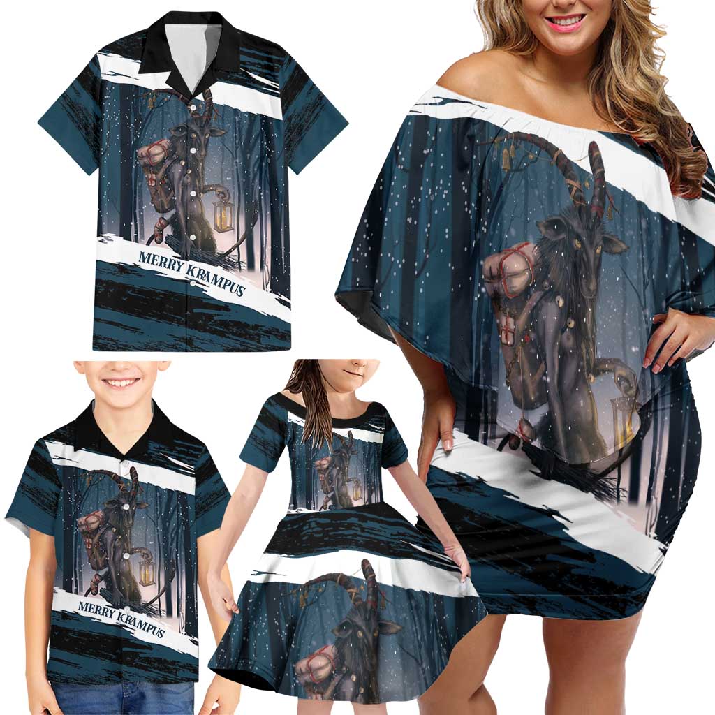 Merry Christmas Family Matching Off Shoulder Short Dress and Hawaiian Shirt Krampus in The Woods - Dark Teal LT7 - Wonder Print Shop