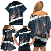 Merry Christmas Family Matching Off Shoulder Short Dress and Hawaiian Shirt Krampus in The Woods - Dark Teal LT7 - Wonder Print Shop